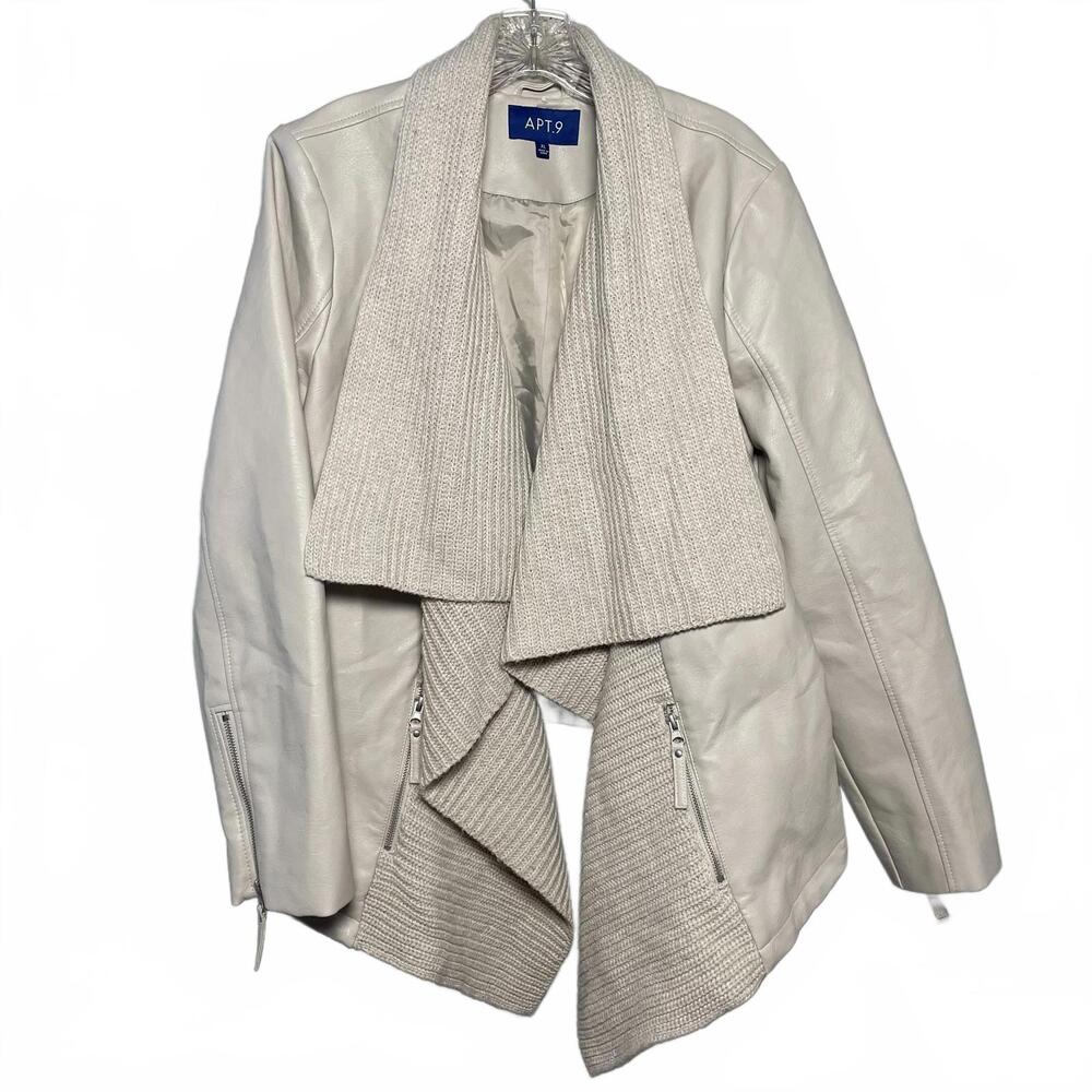 Apt 9 Faux Leather Moto Jacket Knit Waterfall Collar In Cream Size XL